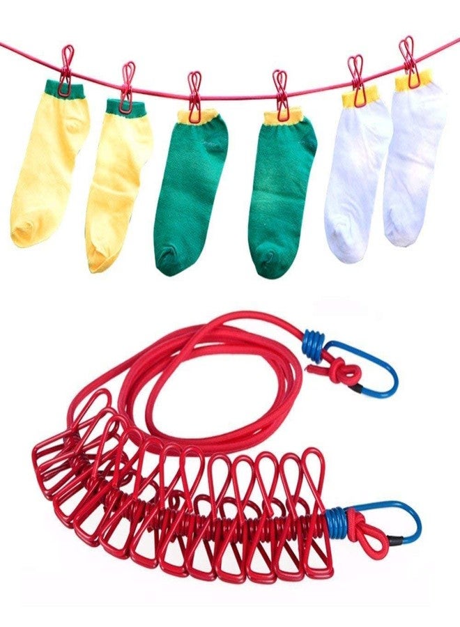 ZEVESTY Cloth Drying Rope with Hooks Portable Adjustable Rope for Drying Clothes 12 Clips & 2 Hooks Clothes Hanging Hook Kapde Sukhane ki Dori Wind-Proof Clothesline Camping Accessories - Image 1